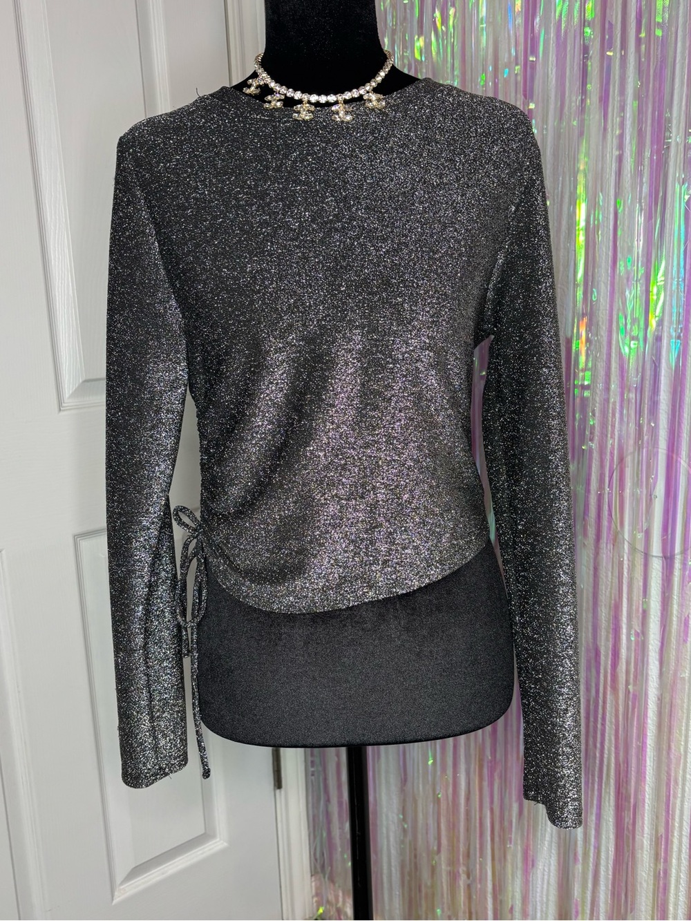 Night Out Black Silver Metallic Sparkle Long-Sleeve Side Tie Top Derek Heart